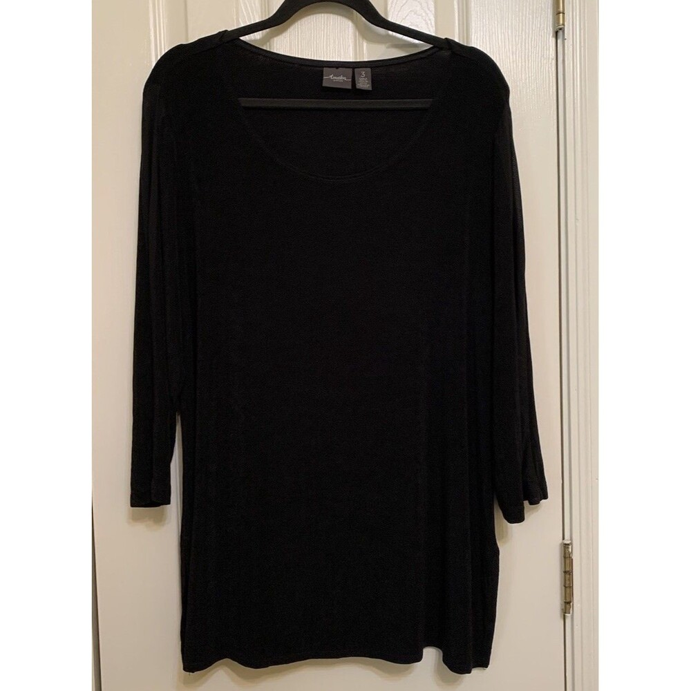 Chicos Travelers Size 3 Womens XL Top Black Tunic Slinky Sheer Strip On Sleeves